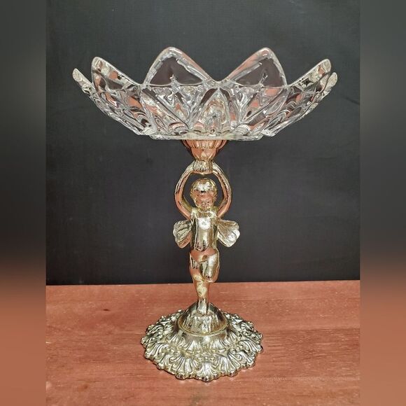 Vintage Compote Silver And Glass Cherub Angel Candy Pedestal Stand Dish - Picture 1 of 8